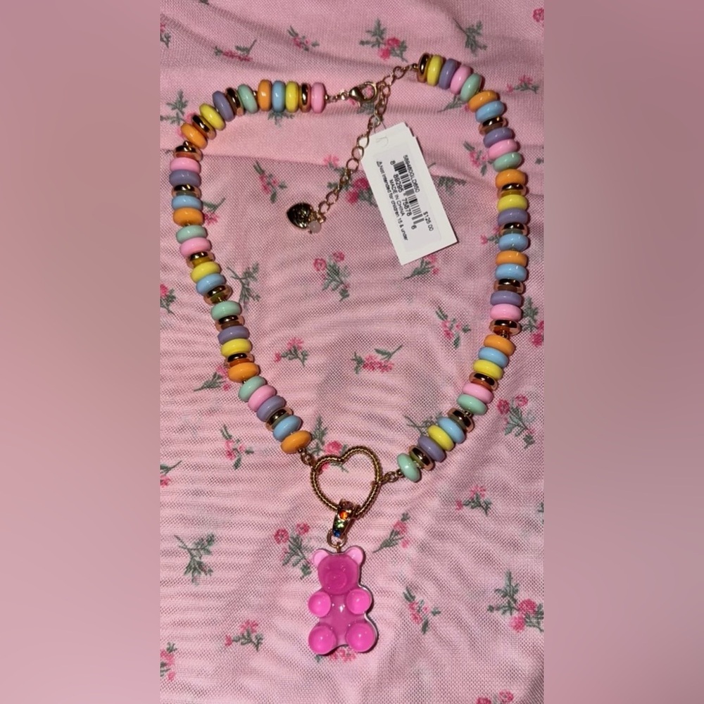 Betsey Johnson Multicolor Pastel Beaded Necklace with Pink Gummy Bear Pendant